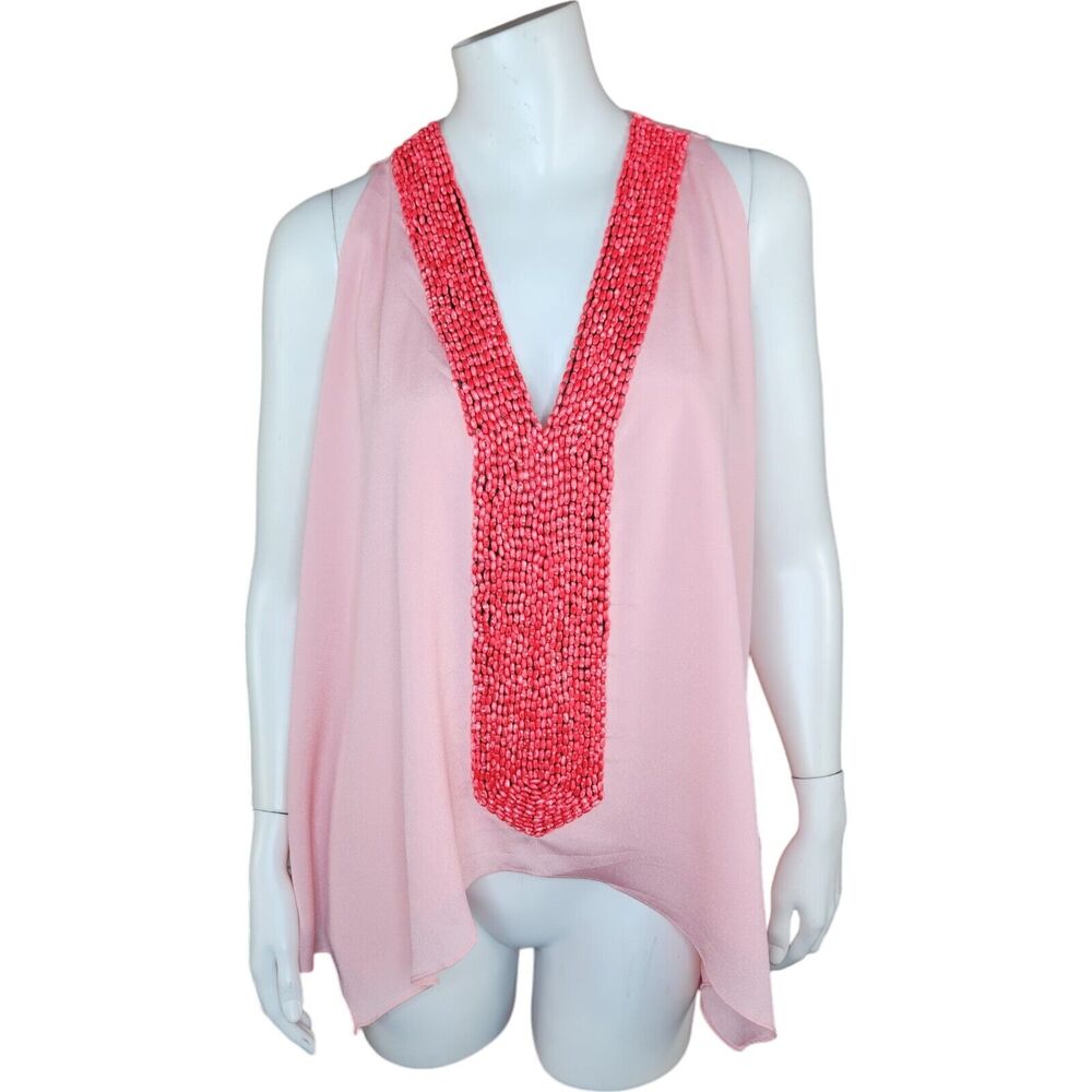 TBAGS LA Sleeveless V-Neck Beaded Front Draped‎ Blouse Top Pink Medium $198 NWT